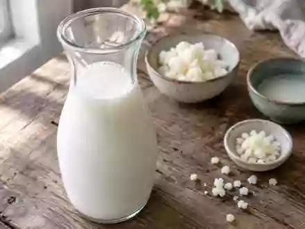 Eine gläserne Karaffe mit Kefir auf einem Holztisch, umgeben von natürlichen Zutaten in einer hellen, minimalistischen Küche. - Foto: über boerse-global.de