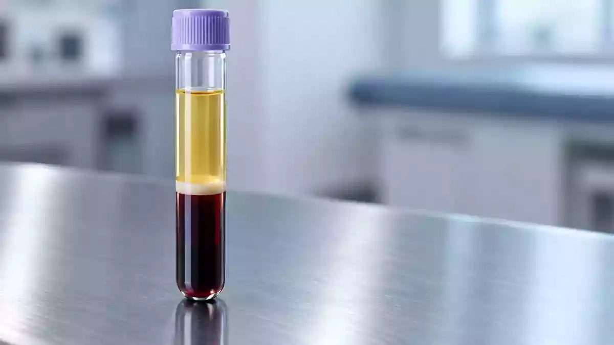 Ein zentrifugiertes Blutröhrchen mit getrenntem Plasma auf einer sterilen Laboroberfläche. Illustration mit AI erstellt.