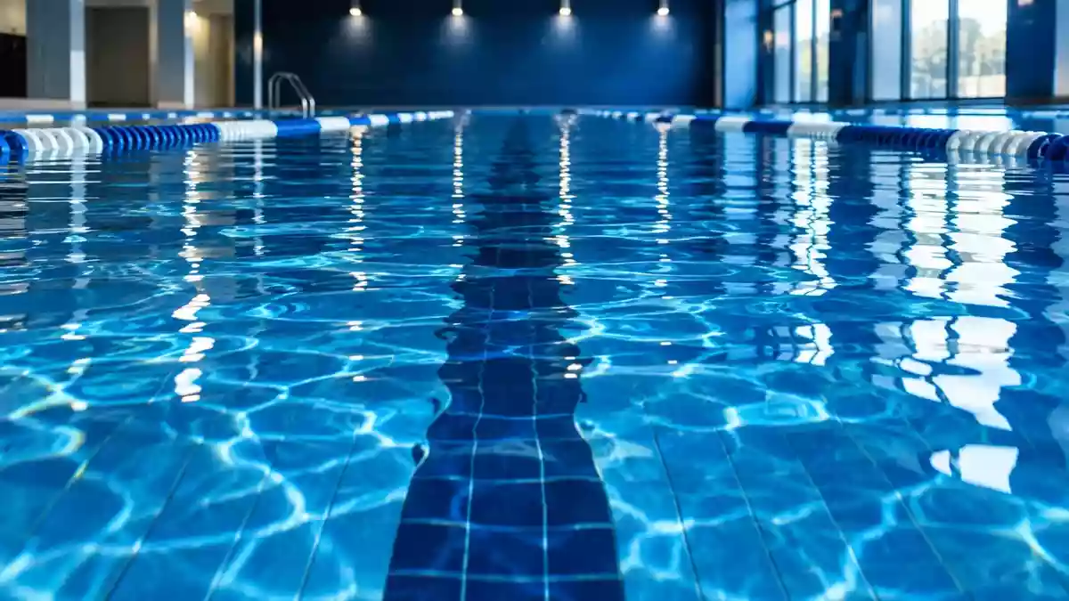 Klares, blaues Wasser in einer Schwimmbahn eines Hallenbades bei natürlichem Lichteinfall. Illustration mit AI erstellt.