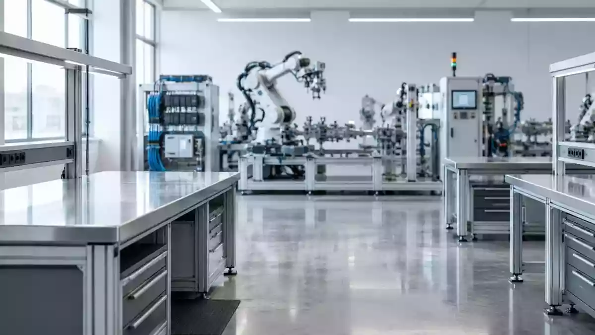 Ein minimalistisches, modernes Industrielabor mit metallischen Arbeitsplätzen und technischer Infrastruktur. Illustration mit AI erstellt.