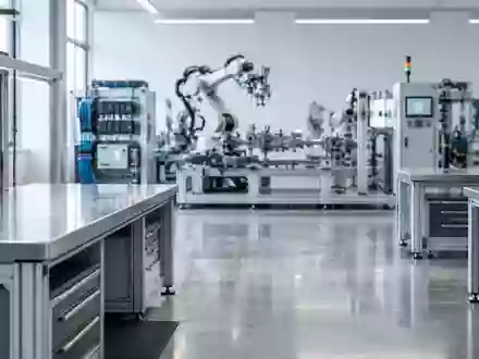 Ein minimalistisches, modernes Industrielabor mit metallischen Arbeitsplätzen und technischer Infrastruktur. - Foto: über boerse-global.de