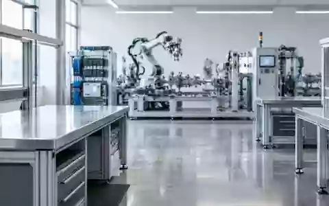 Ein minimalistisches, modernes Industrielabor mit metallischen Arbeitsplätzen und technischer Infrastruktur. - Foto: über boerse-global.de