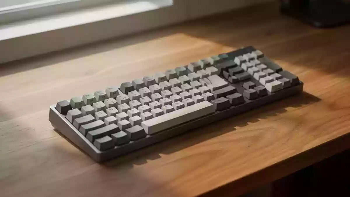 Eine hochwertige mechanische Tastatur mit unbeschrifteten Tasten auf einem hölzernen Schreibtisch bei natürlichem Licht. Illustration mit AI erstellt.