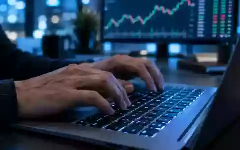 Person tippt an einem Laptop in einem abgedunkelten Büro mit Fokus auf die Hände vor einem unscharfen Monitor. - Foto: über boerse-global.de