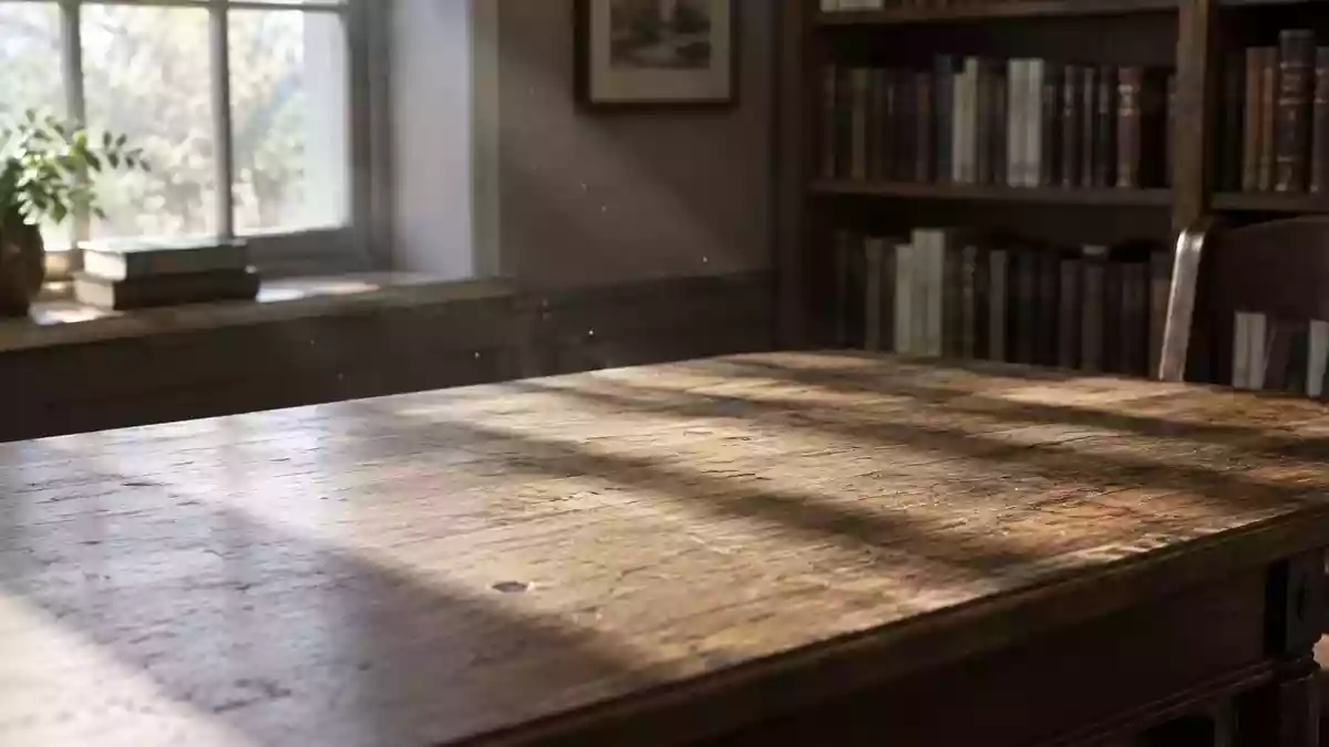 Ein leerer Holztisch in einem ruhigen Raum mit sanftem, natürlichem Lichteinfall und dezenten Schatten. Illustration mit AI erstellt.