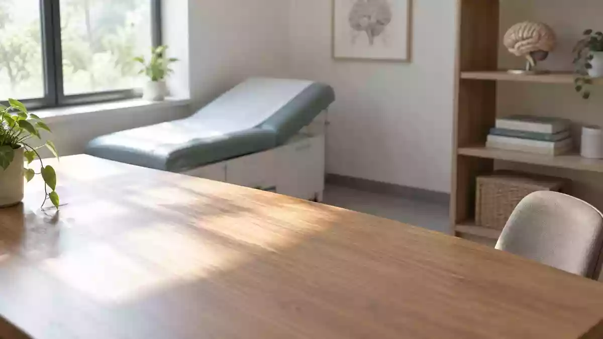 Ein minimalistisch eingerichteter, heller Untersuchungsraum mit sanftem Tageslicht und einem anatomischen Modell im Hintergrund. Illustration mit AI erstellt.