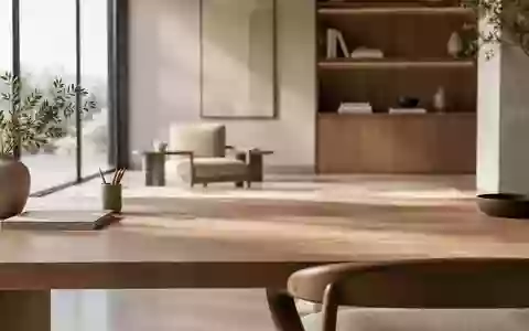 Ein minimalistischer Arbeitsbereich mit natürlichem Licht auf einer matten Holzoberfläche in einem modernen Raum. - Foto: über boerse-global.de
