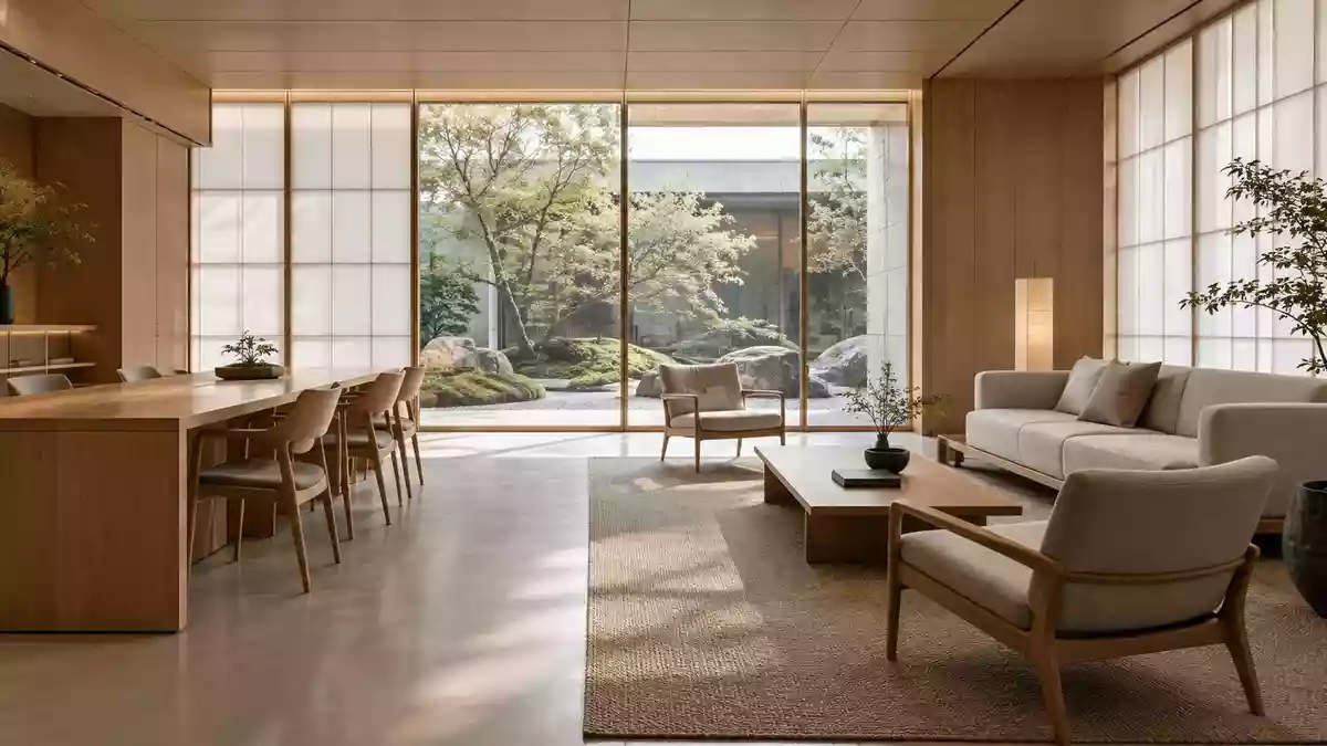 Ein minimalistisch gestaltetes, modernes Büro mit hellen Holzmöbeln und Blick in einen ruhigen japanischen Garten. Illustration mit AI erstellt.