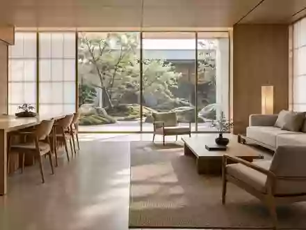 Ein minimalistisch gestaltetes, modernes Büro mit hellen Holzmöbeln und Blick in einen ruhigen japanischen Garten. - Foto: über boerse-global.de