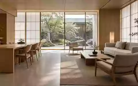 Ein minimalistisch gestaltetes, modernes Büro mit hellen Holzmöbeln und Blick in einen ruhigen japanischen Garten. - Foto: über boerse-global.de