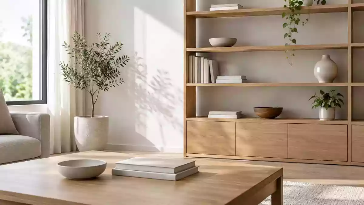 Ein heller, minimalistisch eingerichteter Raum mit einem aufgeräumten Holzregal und freien Oberflächen in natürlichem Licht. Illustration mit AI erstellt.