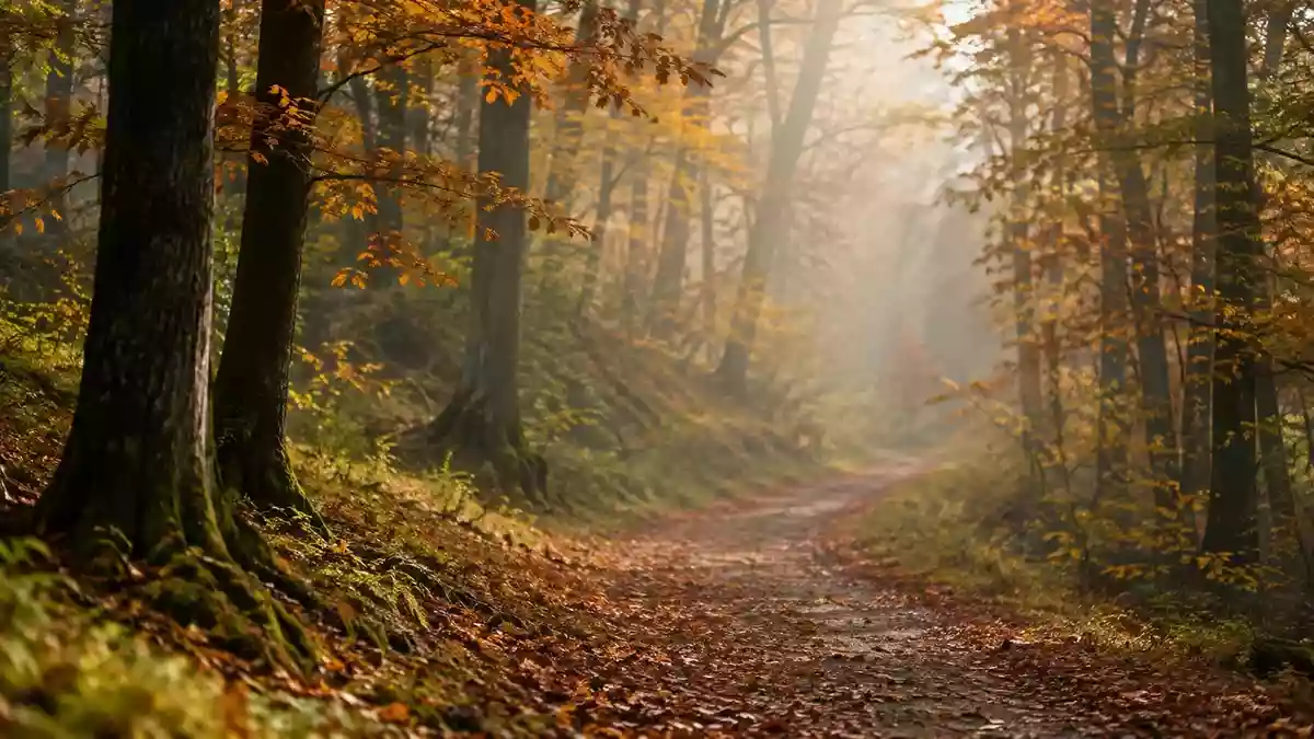 Ein ruhiger Waldweg im Herbst mit sanftem Licht, symbolisch für Vorsorge und Lebensphasen. Illustration mit AI erstellt.