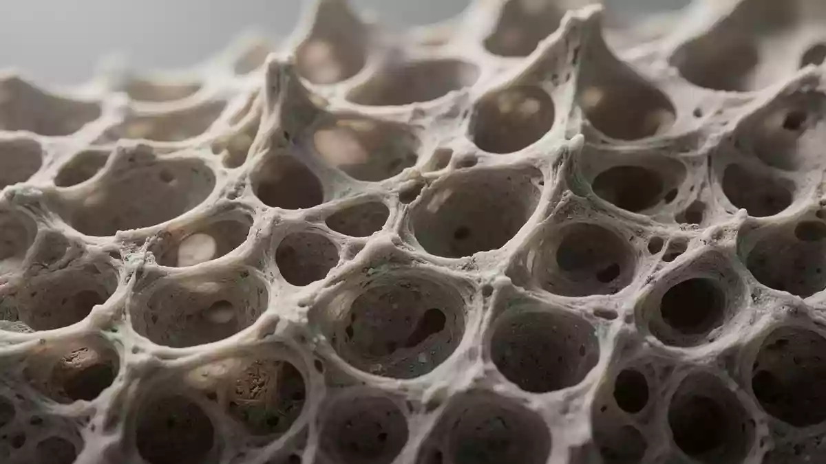 Nahaufnahme einer gesunden, porösen Knochenstruktur mit natürlichem Lichteinfall. Illustration mit AI erstellt.