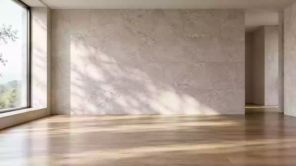 Ein minimalistischer, lichtdurchfluteter Raum mit sanften Schatten auf einer Steinwand, der Ruhe und Ausgeglichenheit vermittelt. Illustration mit AI erstellt.