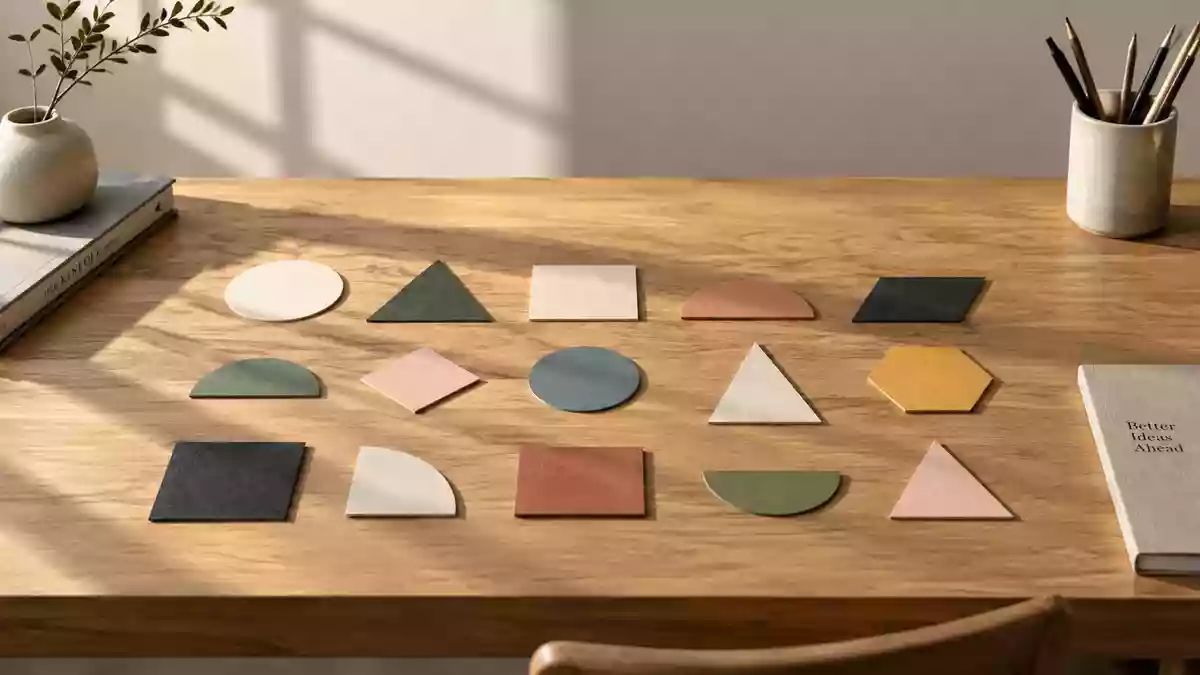 Abstrakte geometrische Formen auf einer sauberen Holzoberfläche bei sanftem Tageslicht. Illustration mit AI erstellt.