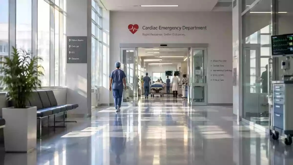 Moderner, steriler Krankenhausflur vor einer kardiologischen Notaufnahme mit hellem, natürlichem Tageslicht. Illustration mit AI erstellt.