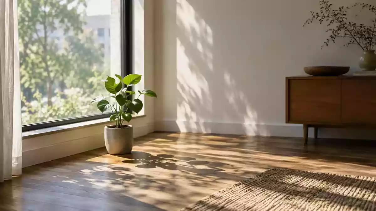 Ein sonnendurchfluteter, minimalistischer Raum mit einer kleinen Pflanze auf einem Holzboden, der Ruhe und Achtsamkeit ausstrahlt. Illustration mit AI erstellt.