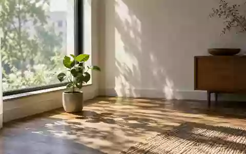 Ein sonnendurchfluteter, minimalistischer Raum mit einer kleinen Pflanze auf einem Holzboden, der Ruhe und Achtsamkeit ausstrahlt. - Foto: über boerse-global.de