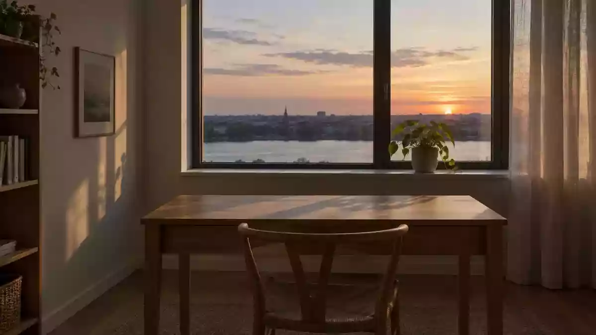 Ein leerer, aufgeräumter Arbeitsplatz in der Abenddämmerung mit weichem Licht, das durch ein Fenster fällt. Illustration mit AI erstellt.