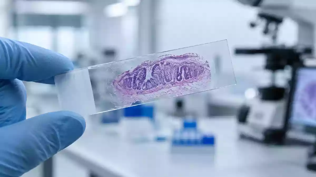 Ein mikroskopischer Objektträger mit einer biologischen Gewebeprobe in einem sterilen Laborumfeld. Illustration mit AI erstellt.