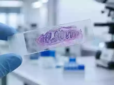 Ein mikroskopischer Objektträger mit einer biologischen Gewebeprobe in einem sterilen Laborumfeld. - Foto: über boerse-global.de