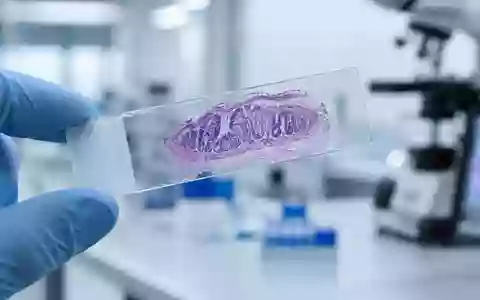 Ein mikroskopischer Objektträger mit einer biologischen Gewebeprobe in einem sterilen Laborumfeld. - Foto: über boerse-global.de