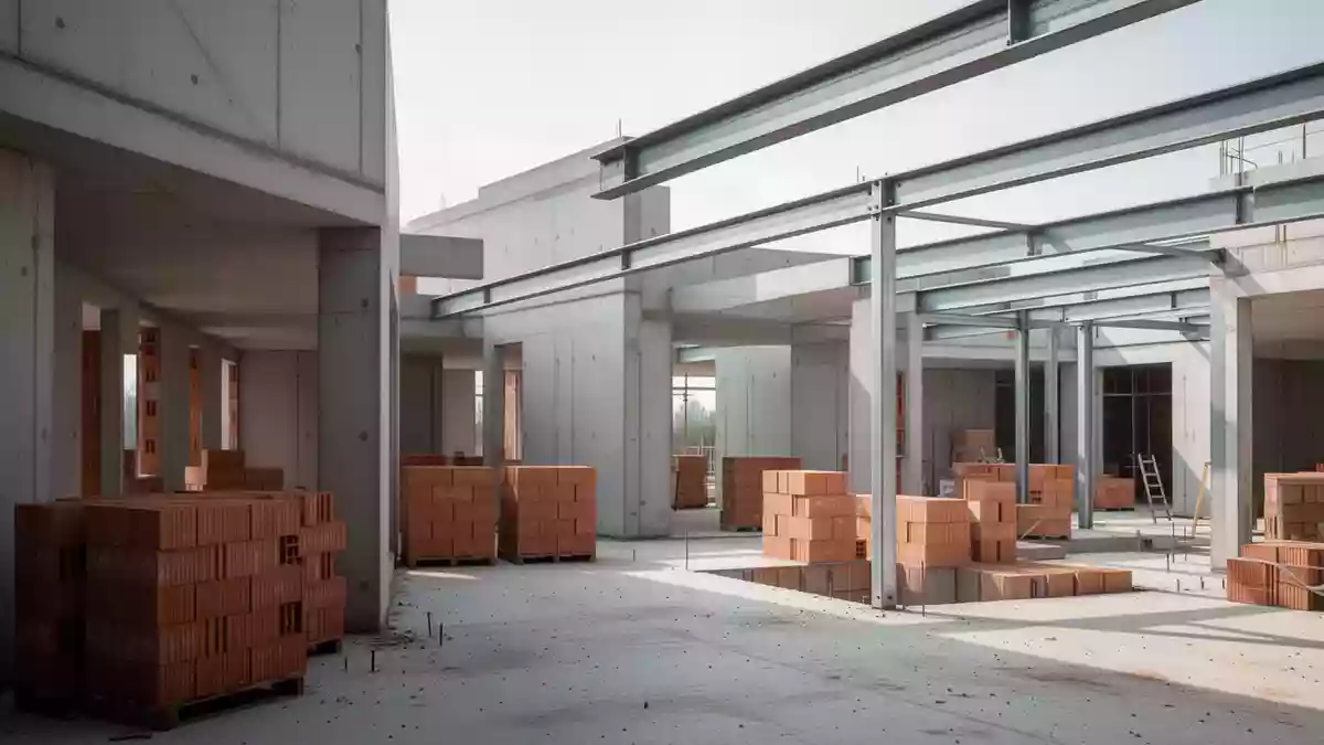 Eine minimalistische Baustelle mit rohen Betonwänden und Baumaterialien, die den Fokus auf die architektonische Struktur legt. Illustration mit AI erstellt.