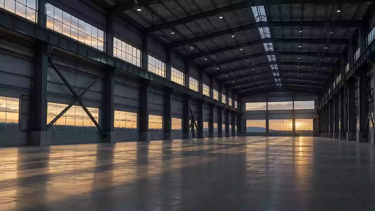 Eine weitläufige, leere Industriehalle mit hohen Stahlträgern und einfallendem Tageslicht, die die Größe der US-Industrie verdeutlicht. Illustration mit AI erstellt.