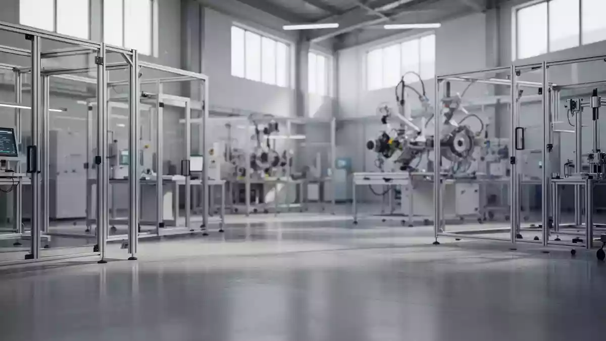 Modernes, helles Industrielabor mit metallischen Strukturen und klaren Linien in einer professionellen Arbeitsumgebung. Illustration mit AI erstellt.
