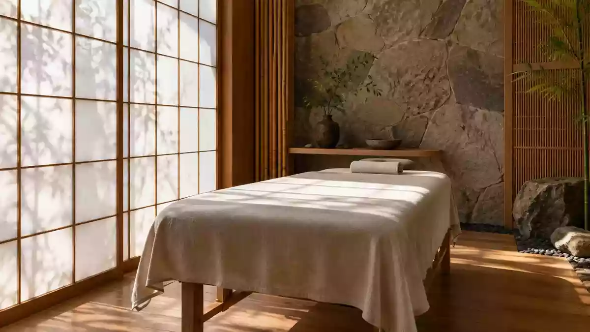 Minimalistischer Behandlungsraum in einer Praxis für traditionelle chinesische Medizin mit einer leeren Massageliege. Illustration mit AI erstellt.