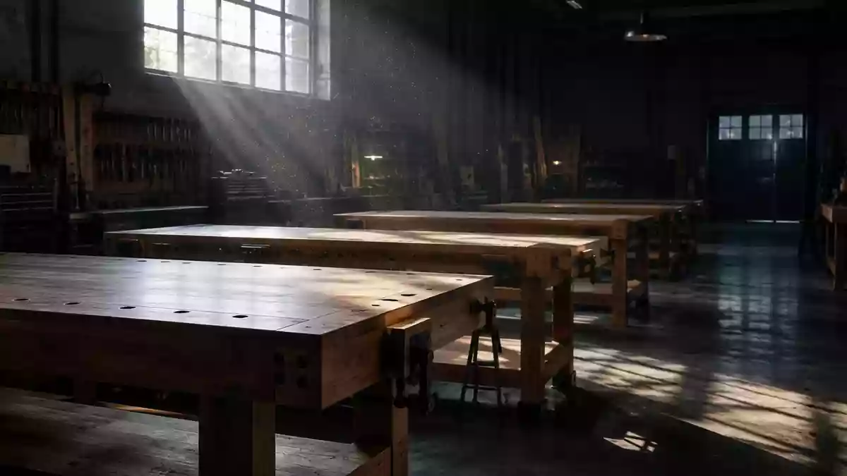Ein leerer, aufgeräumter Werkstattbereich mit hölzernen Arbeitstischen in gedimmtem Licht. Illustration mit AI erstellt.