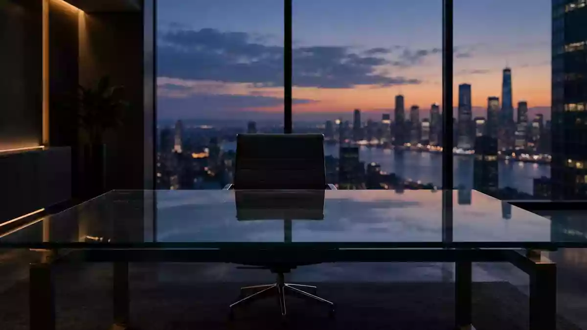 Ein minimalistischer, unbesetzter Schreibtisch in einem modern eingerichteten Büro bei Dämmerung. Illustration mit AI erstellt.