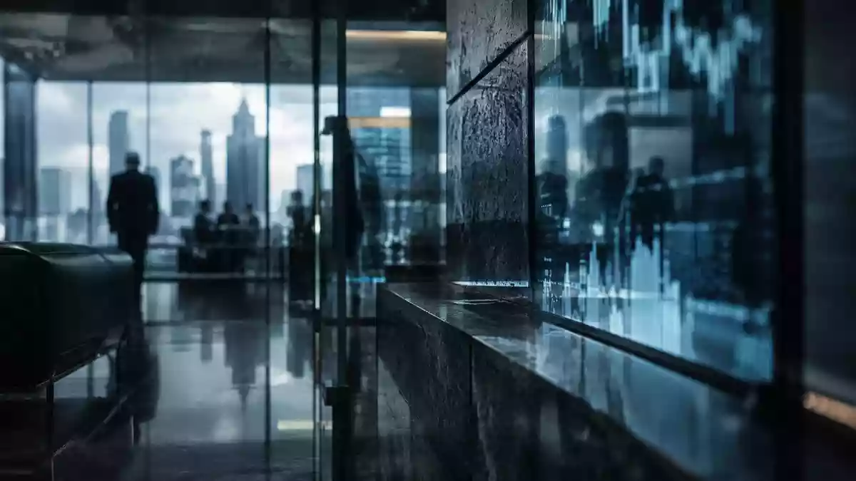 Abstrakte Darstellung einer komplexen Finanzlandschaft mit gedämpftem Licht und industrieller Ästhetik. Illustration mit AI erstellt.
