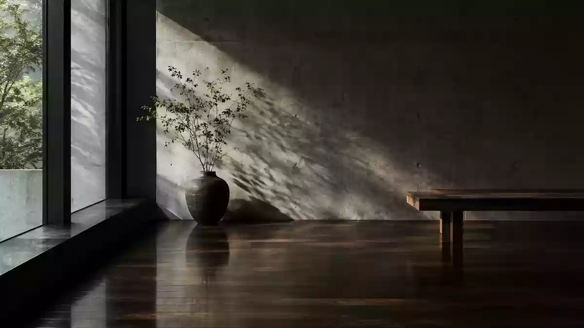 Minimalistisches Interieur mit tiefen Schatten und natürlichem Licht, das eine architektonische Textur betont. Illustration mit AI erstellt.