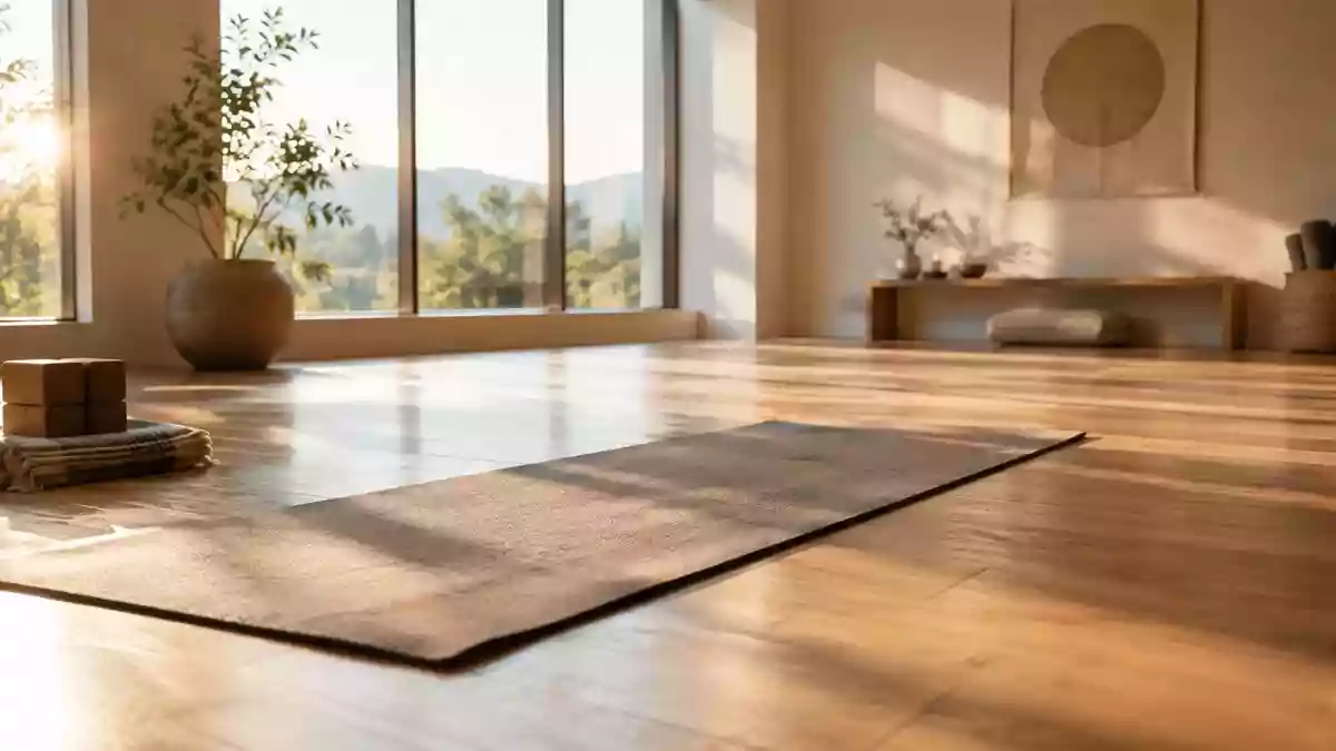 Ein heller, minimalistischer Yogaraum mit Holzboden und einer einzelnen, ausgerollten Yogamatte im sanften Morgenlicht. Illustration mit AI erstellt.
