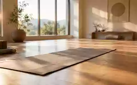 Ein heller, minimalistischer Yogaraum mit Holzboden und einer einzelnen, ausgerollten Yogamatte im sanften Morgenlicht. - Foto: über boerse-global.de