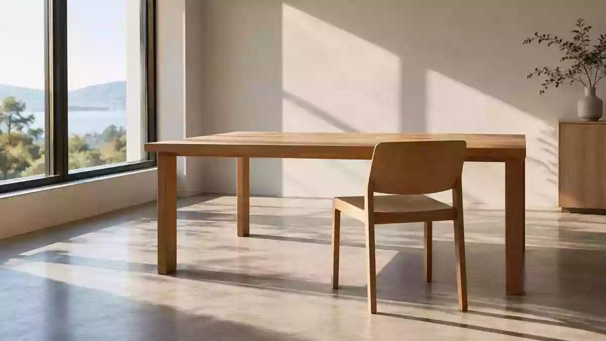 Ein leerer, minimalistisch gestalteter Arbeitsplatz mit einem Holztisch und einem einfachen Stuhl in einem hellen Raum. Illustration mit AI erstellt.