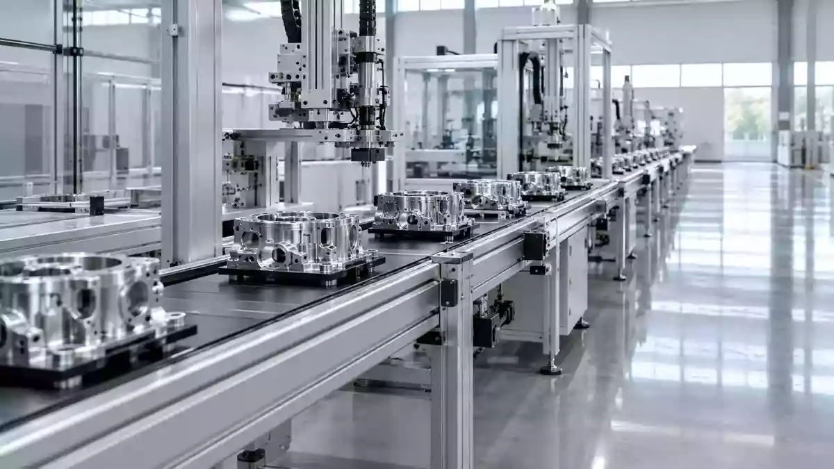 Automatisierte Fertigungsstraße in einer modernen Produktionsanlage mit präzisen mechanischen Komponenten. Illustration mit AI erstellt.