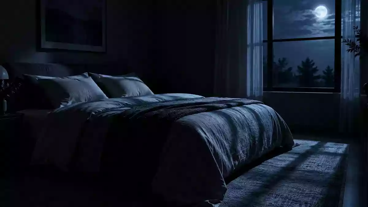 Ein ruhig gestaltetes, abgedunkeltes Schlafzimmer bei Nacht mit sanftem Mondlicht, das auf ein unbenutztes Bett fällt. Illustration mit AI erstellt.