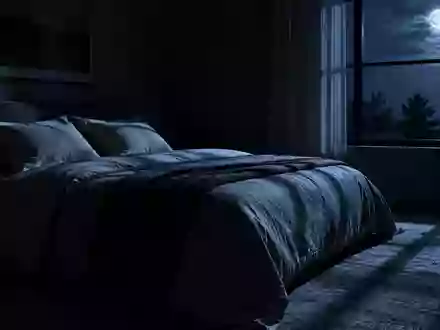 Ein ruhig gestaltetes, abgedunkeltes Schlafzimmer bei Nacht mit sanftem Mondlicht, das auf ein unbenutztes Bett fällt. - Foto: über boerse-global.de