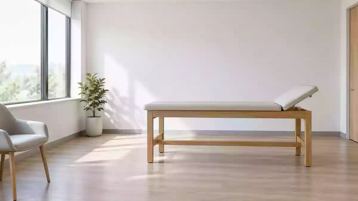 Ein minimalistisch eingerichtetes, helles Behandlungszimmer in einer Arztpraxis mit einem leeren Untersuchungstisch. Illustration mit AI erstellt.