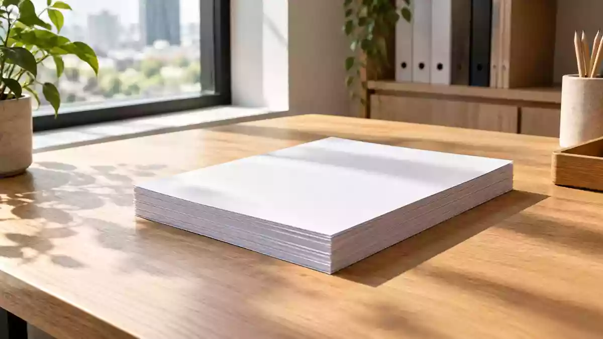 Ein ordentlicher Stapel weißer DIN-A4-Blätter auf einem minimalistischen Holztisch bei natürlichem Lichteinfall. Illustration mit AI erstellt.