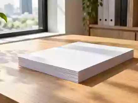 Ein ordentlicher Stapel weißer DIN-A4-Blätter auf einem minimalistischen Holztisch bei natürlichem Lichteinfall. - Foto: über boerse-global.de