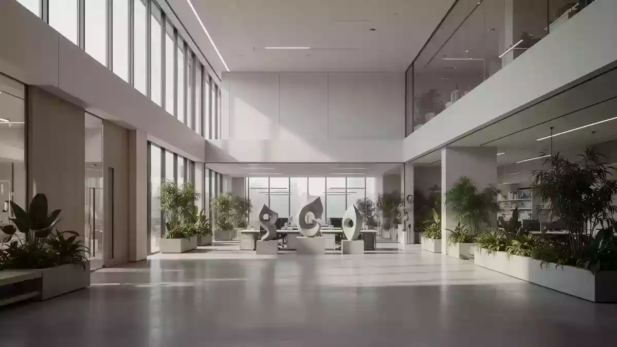 Ein minimalistisches, modernes Forschungsgebäude mit klaren architektonischen Linien und hellem Tageslichteinfall. Illustration mit AI erstellt.