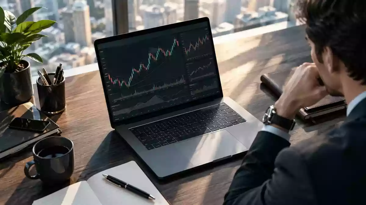 Ein moderner Schreibtisch mit einem Laptop, das komplexe Finanzcharts anzeigt, in natürlichem Licht. Illustration mit AI erstellt.