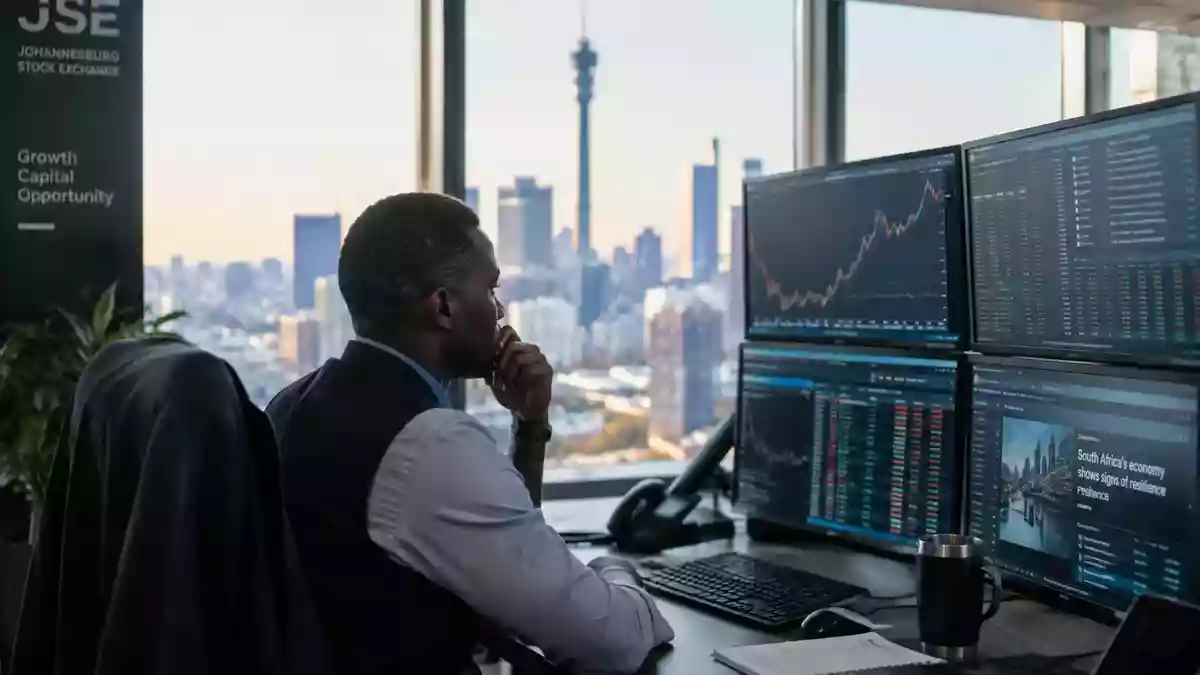 Moderner Finanzarbeitsplatz mit Blick auf eine Skyline bei Tageslicht. Illustration mit AI erstellt.