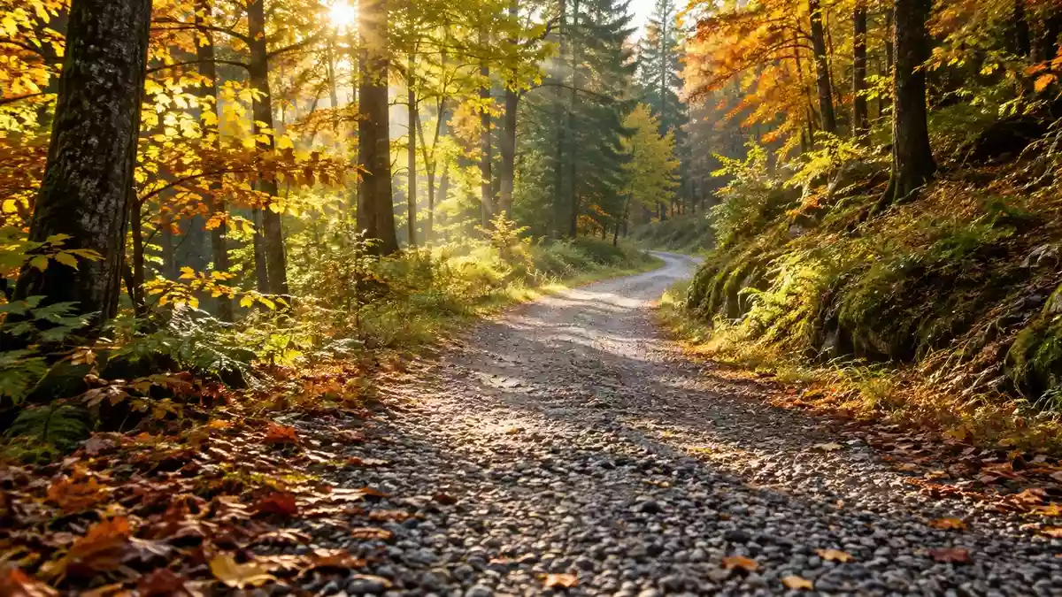 Ein gewundener Waldweg bei sonnigem Herbstwetter, der zu Bewegung und körperlicher Aktivität in der Natur einlädt. Illustration mit AI erstellt.