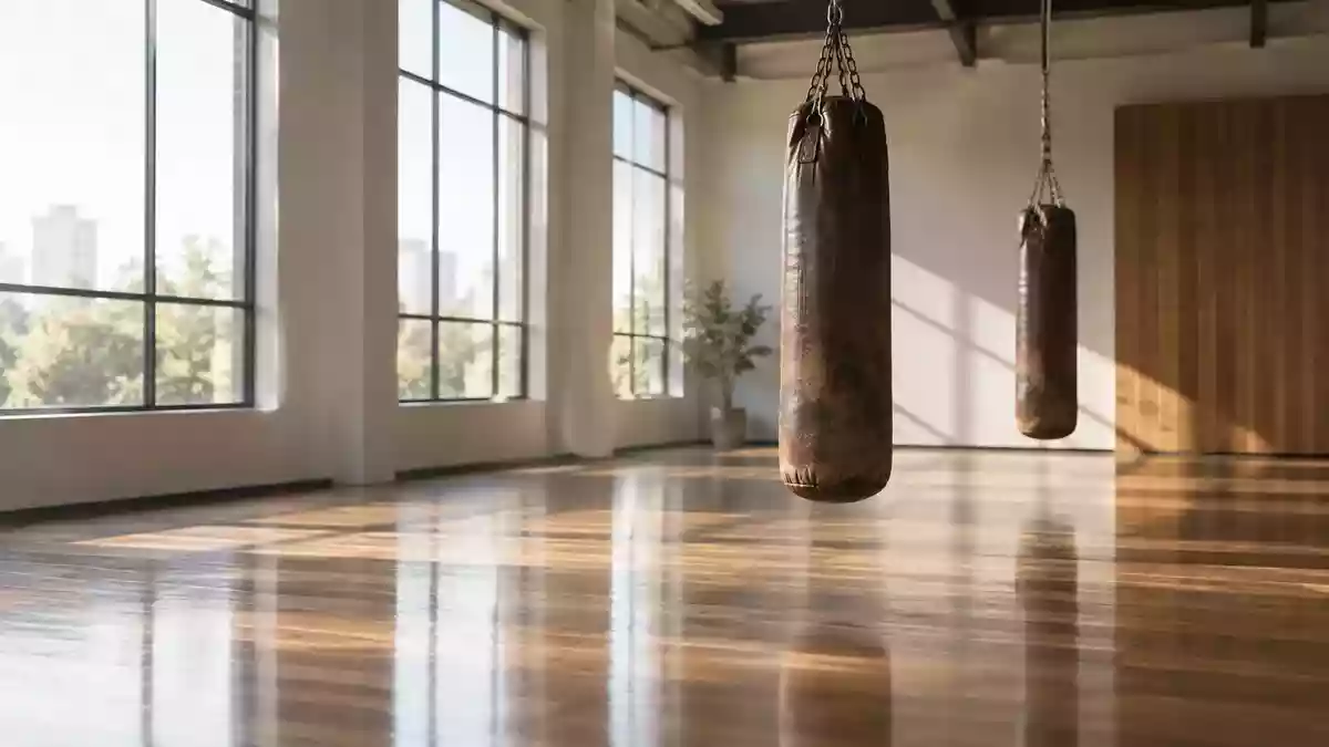 Ein heller, minimalistischer Trainingsraum mit hängenden Boxsäcken in einer ruhigen, menschenleeren Sporthalle. Illustration mit AI erstellt.