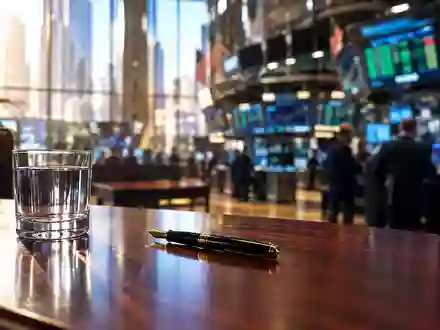 Ein moderner, verschwommener Börsenhandelssaal im Hintergrund mit einem leeren Schreibtisch im Fokus. - Foto: über boerse-global.de