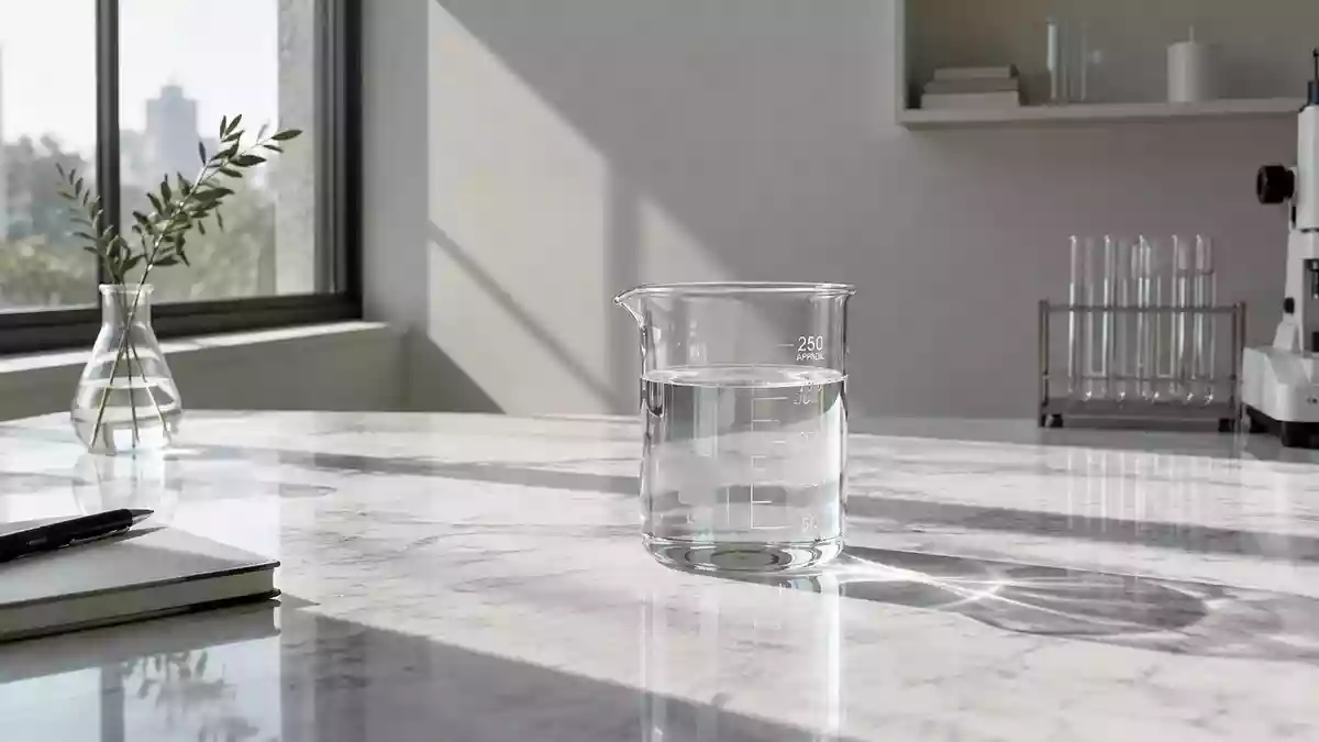 Ein Glas mit Wasser auf einer hellen Marmoroberfläche in einer minimalistischen Laborumgebung. Illustration mit AI erstellt.